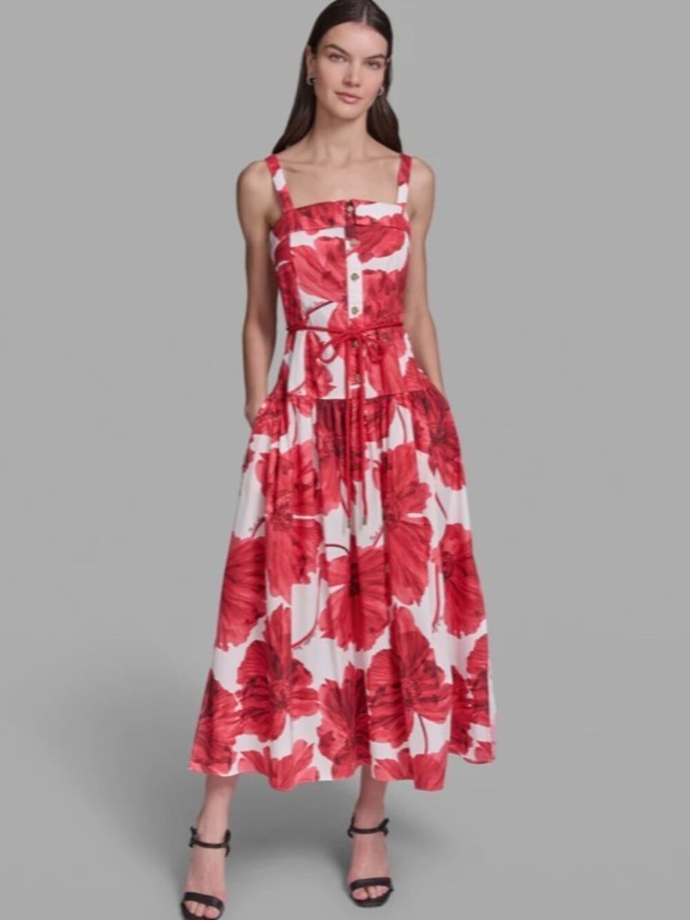 NWT Karl Lagerfeld Strappy Signature Floral Red/White Midi Dress. Size 14